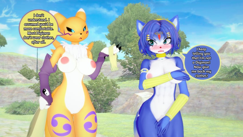 2girls anthro bandai_namco blue_eyes blush breasts canine digimon digimon_(species) embarrassed_nude_female enf english_dialogue english_text female krystal multiple_girls nintendo nude peterjobless62 pussy renamon star_fox tae