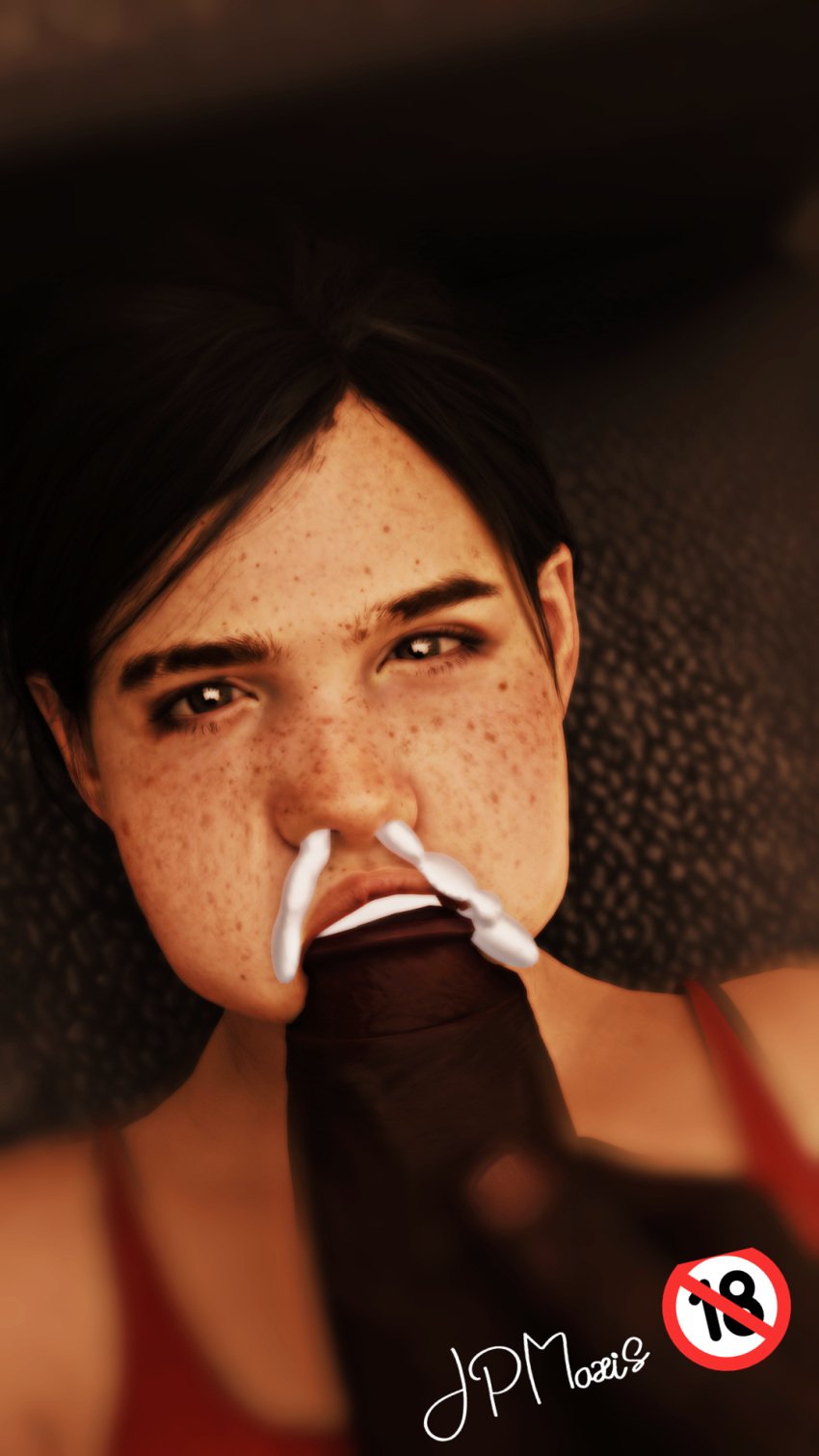 1boy 1girls 3d 3d_(artwork) :>= angry_dragon big_penis blowjob blue_eyes cum cum_inside dark-skinned_male dark_skin ellie_(the_last_of_us) ellie_williams fellatio female filled_cheeks human interracial jpmaxis male male/female naughty_dog penis straight the_last_of_us the_last_of_us_2