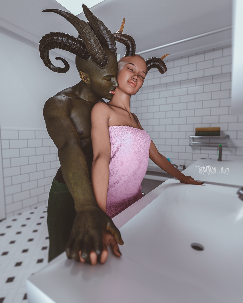 1boy 1boy1girl 1female 1girls 1male 3d 3d_(artwork) 3d_model female foreplay green_body heterosexual incubus incubus_horns intimate licking_neck light-skinned_female light_skin male monster original original_characters original_female_character passionate sensual straight succubus succubus_horns tomka_sun tongue_piercing towel_only towel_wrap