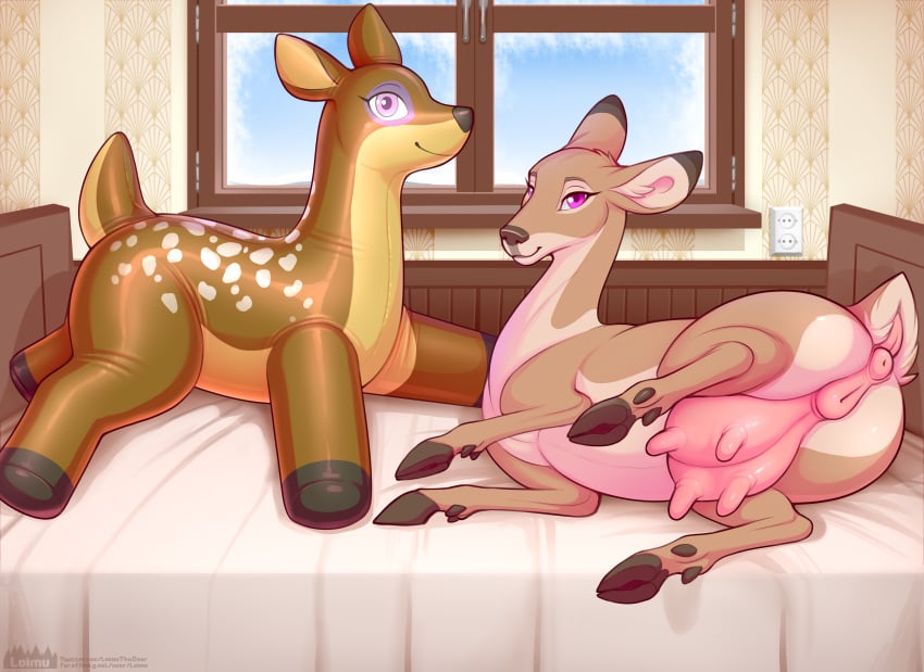 2024 absurd_res anus ass bed cloven_hooves deer digital_media_(artwork) eyebrows female feral furniture genitals hi_res hooves inside loimu loimu_(character) looking_at_viewer lying mammal multicolored_body on_bed on_side original pussy solo teats udders zoophilia