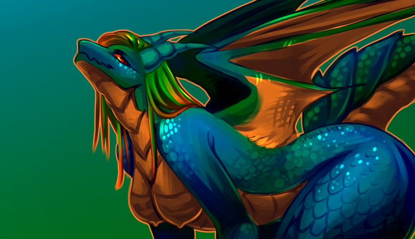 absurd_res anthro blue_body breasts dragon female green_body hi_res horn mythological_creature mythological_scalie mythology scales scalie solo spoilla tail wings yellow_body