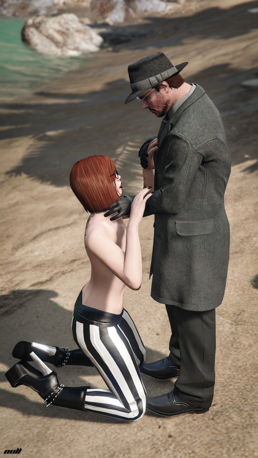 1boy 1boy1girl 1girls beach bob_cut breasts brown_hair choking clothed_male_nude_female dominant dominant_male domination female glasses grand_theft_auto grand_theft_auto_online grand_theft_auto_v heel_boots heels looking_up looking_up_at_partner male nipples nopixel nullinvoid on_knees public submissive submissive_female topless topless_female ursula_leichenberg