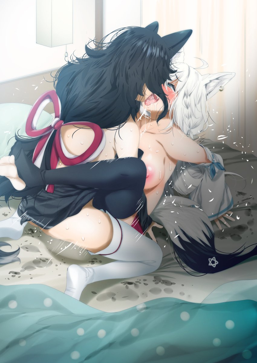 black_hair breast fox_girl french_kiss fumihiko_(fu_mihi_ko) fumihiko_(pixiv2658856) hololive hololive_gamers hololive_gen_1 hololive_japan implied_futanari kissing kitsune leg_lock nipple on_bed ookami_mio shirakami_fubuki stain stained_sheets tongue tongue_kiss virtual_youtuber vtuber white_hair wolf_girl yuri