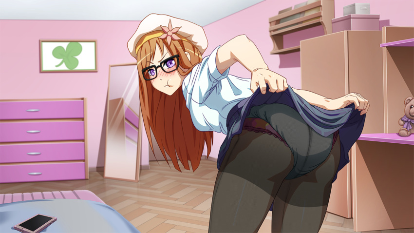 1girls ass bed bedroom blue_skirt breasts brown_hair diaper diaper_under_clothing drawer erika_wilkins game_cg glasses hat long_hair looking_at_viewer medium_breasts messy_academy mirror pantyhose phone pout princess_bridget purple_eyes school_uniform shirt skirt skirt_lift teddy_bear white_shirt