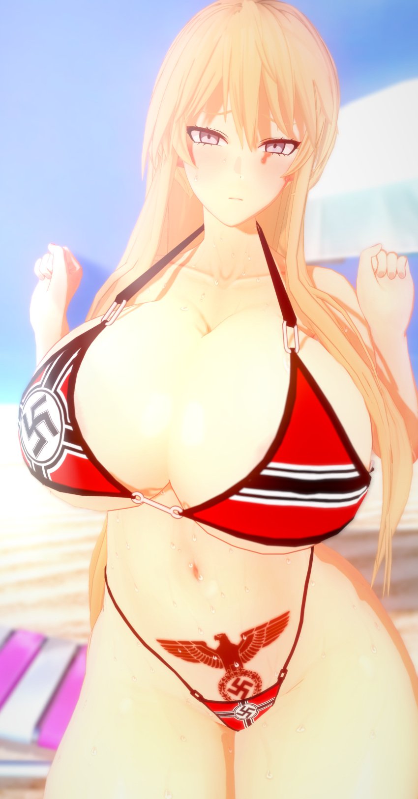 azur_lane beach bikini bismarck_(azur_lane) bleachedartoria blonde_hair blue_eyes embarrassed koikatsu large_breasts nazi swastika tattoo