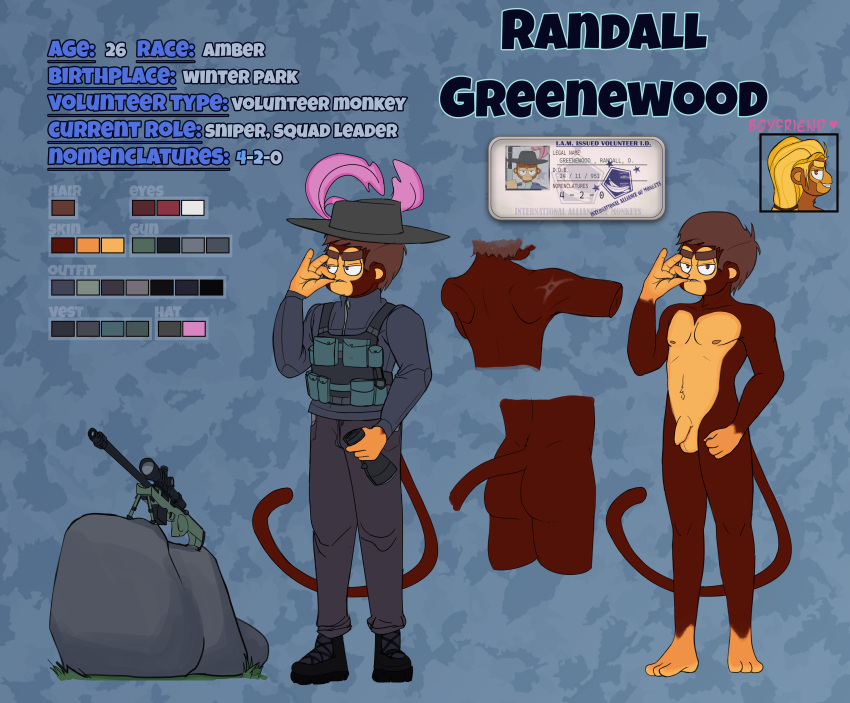 absurd_res anthro ass bloons_tower_defense bullet_wound clothing foreskin genitals gun haplorhine hat headgear headwear hi_res male mammal military_clothing model_sheet monkey nude penis primate randall_greenewood_(sergiovintorez) ranged_weapon rifle rock sergiovintorez sniper sniper_rifle solo tagme weapon