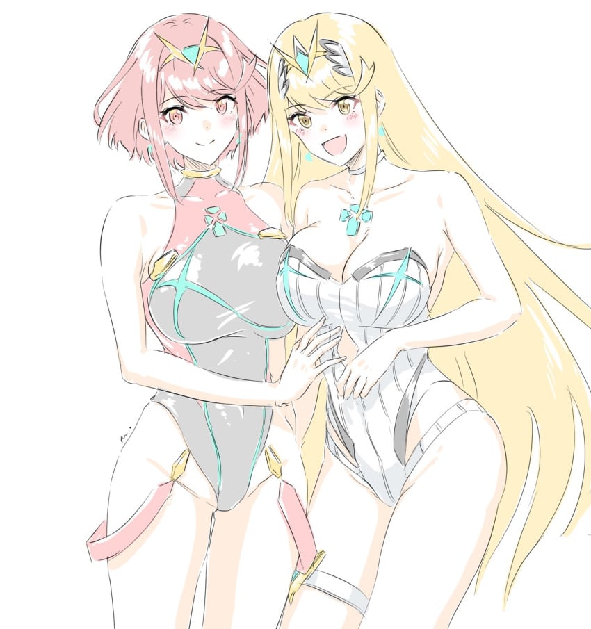 2girls black_one-piece_swimsuit black_swimsuit blonde_hair breasts choker core_crystal earrings highleg highleg_swimsuit large_breasts long_hair looking_at_viewer mitsugu mythra navel_visible_through_clothes nintendo one-piece_swimsuit pyra red_eyes red_hair short_hair swimsuit thigh_strap tiara white_one-piece_swimsuit white_swimsuit xenoblade_(series) xenoblade_chronicles_2 yellow_eyes