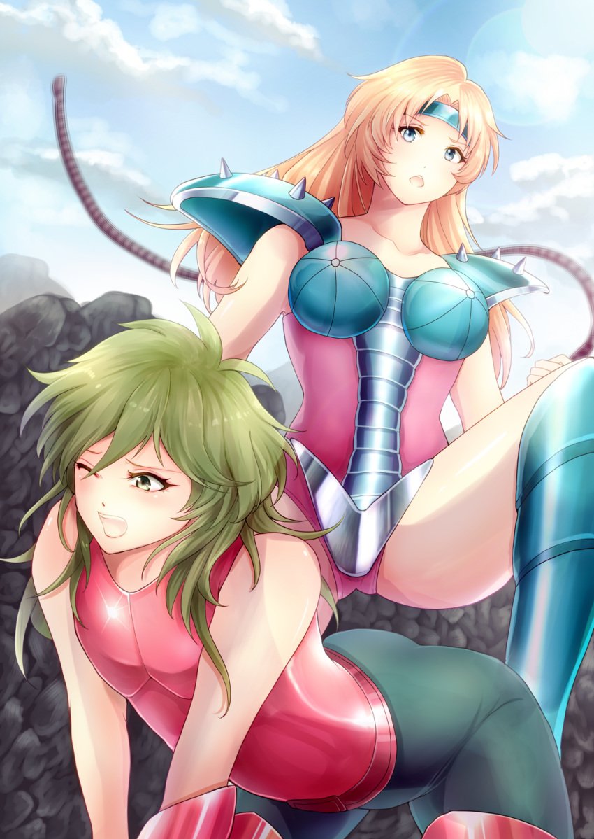 1girls androgynous andromeda_shun armor ass blonde_hair blue_eyes bondage boots breastplate breasts bronze_saints chameleon_june clouds dominatrix female green_eyes green_hair holding_whip human large_breasts leotard light-skinned_female light_skin long_hair male mountain odawara_ai outside pants pink_tank_top red_leotard saint_seiya shoulder_pads shounen_jump sky slave spiked_shoulderpads submissive_male tank_top whip