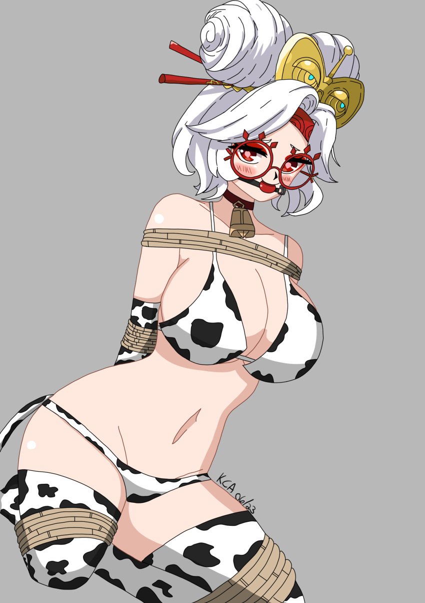 1girls arms_tied_behind_back ball_gag bell bell_choker blush bondage bra breasts choker claire_kigu cow_bell cow_print cow_print_bra cow_print_gloves cow_print_panties cow_print_thighhighs cow_tail double_bun elbow_gloves fake_tail gag gagged glasses gloves hair_bun hair_ornament hair_stick hair_sticks headband heart-shaped_pupils kneeling large_breasts legs_tied looking_at_viewer midriff navel nintendo panties purah red_eyes rope rope_bondage tears_of_the_kingdom the_legend_of_zelda thighhighs white_hair