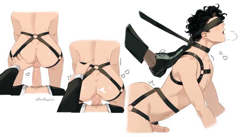 2boys all_fours anal_sex arched_back ass atsumu_miya black_hair blindfold bondage clothed_male clothed_male_nude_male erect_penis erection foot_on_back garter_straps gay haikyuu!! harness leash male male/male male_only nude_male open_mouth penetration penis petplay sakusa_kiyoomi torotre veiny_penis visible_breath white_background yaoi