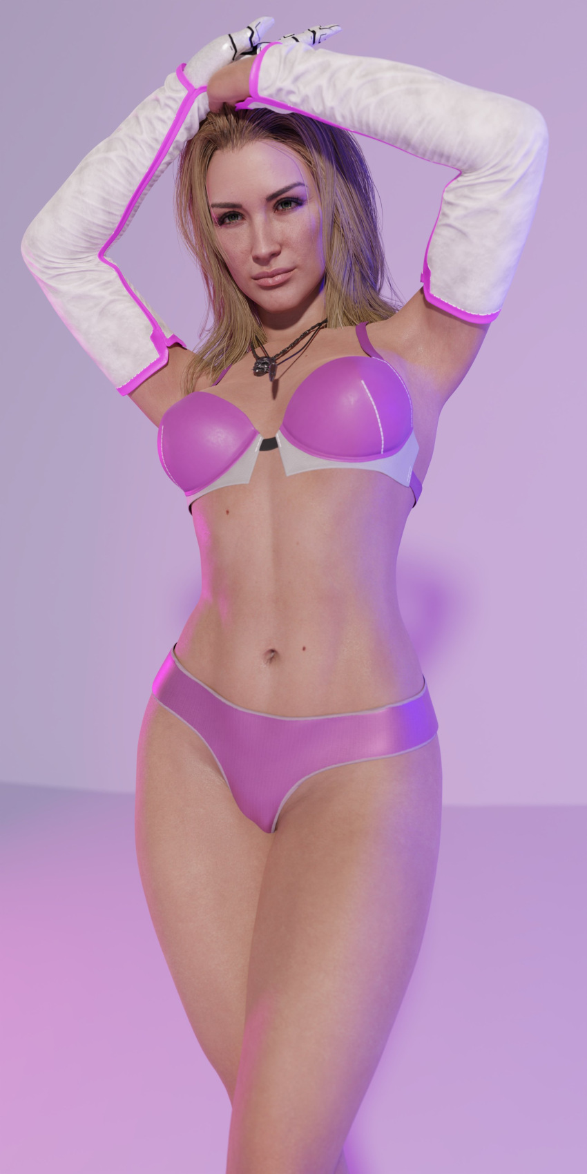 3d alt_cunningham beddetective big_ass big_breasts blonde_hair cyberpunk_2077 hands_on_head pink_bra pink_underwear sleeves