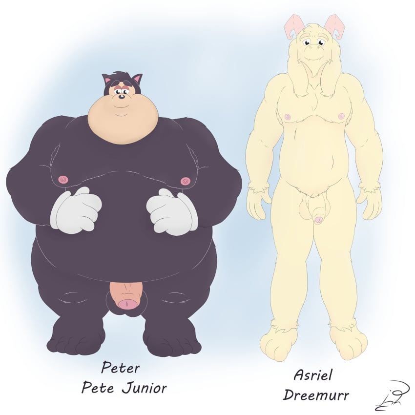 absurd_res anthro asriel_dreemurr black_body boss_monster bovid caprine disney domestic_cat duo felid feline felis fur goat goof_troop hi_res jon_noj male male/male male_only mammal nude pj_(goof_troop) smile text undertale undertale_(series) white_body white_fur