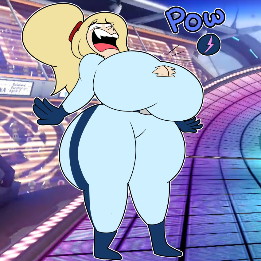 bodysuit boob_window clothed fat female female_only huge_ass huge_breasts mario_(series) mario_kart metroid nintendo no_bra public public_nudity rainbow_road ripped_clothing samus_aran teaset_haliley zero_suit_samus