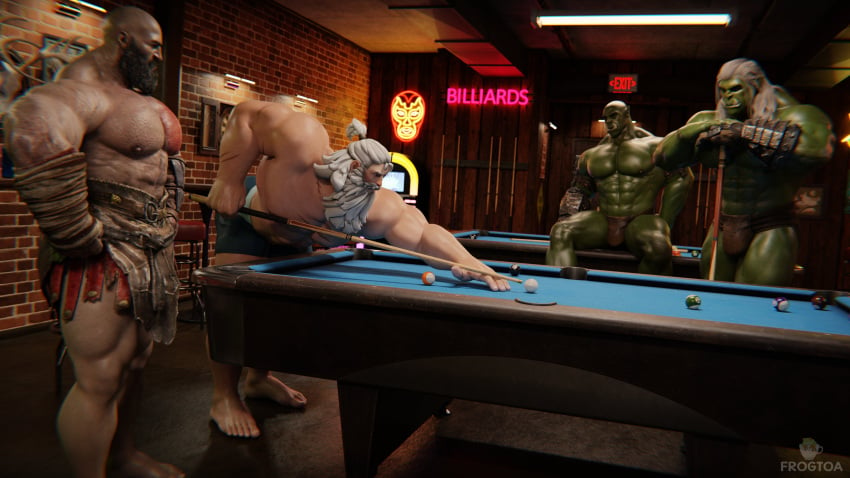 2humans 2orcs 3boys 3d 3d_(artwork) 3d_model 3males 8_ball abs bara bara_tiddies bara_tits bearded beefy billiard_ball billiard_table billiards blizzard_entertainment checking_out competition dilf frogtoa gay god_of_war god_of_war_ragnarok green_body green_skin himbo himbofication kratos male/male/male male_focus male_only male_pov manly masculine masculine_bottom muscle_ass muscle_butt muscles muscular muscular_male orc orc_male overwatch overwatch_2 pecs reinhardt santa_monica_studio shorts_only silver_fox sony_interactive_entertainment white_hair