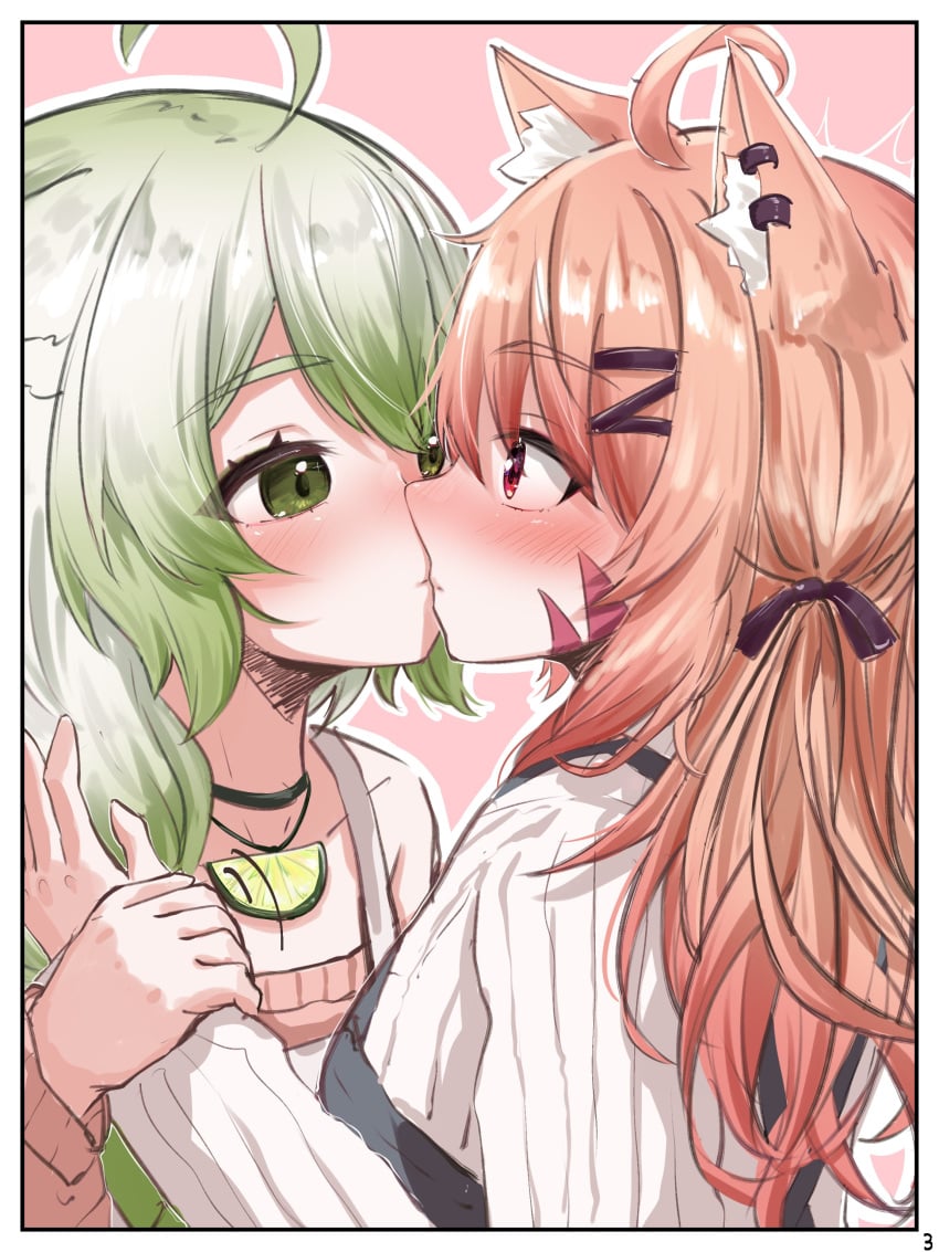 animal_ears baking cheeks clothing face_markings green_eyes green_hair kemonomimi laimu red_eyes short_hair squchan_(vtuber) virtual_youtuber vyugen