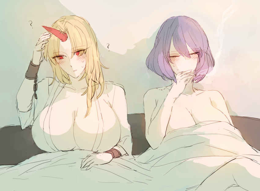 2girls ? after_sex bad_id bad_pixiv_id bed bed_sheet bedroom blonde_hair blush breasts bura chains cigarette closed_eyes closed_mouth color cuffs horns hoshiguma_yuugi indoors japanese_clothes kanako_yasaka kimono large_breasts long_hair meme multiple_girls oni parted_bangs parted_lips pixel-perfect_duplicate purple_hair red_eyes shackles short_hair single_horn smoking sweat touhou yasaka_kanako yuri