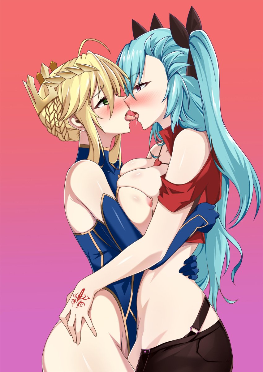 2girls a_raku after_kiss akeno_(itsnafulol) arms_around_partner artoria_pendragon artoria_pendragon_(lancer) ass bare_shoulders blonde blonde_female blonde_hair blonde_hair_female blue_hair blush breast_press breasts cleavage command_seal crown elbow_gloves fate/grand_order fate_(series) female/female female_focus female_only french_braid girl_on_girl girls girls_only green_eyes hair_between_eyes hair_over_one_eye holding_each_other huge_ass huge_breasts hugging kissing leotard lesbian lesbian_couple lesbian_kiss long_hair master_and_servant necklace nipples only_female pink_eyes saliva saliva_trail tongue tongue_kiss tongue_on_tongue tongue_out twintails yuri