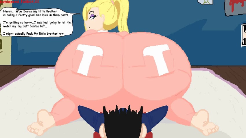 1boy 1boy1girl 1girls 2024 animated ass barefoot big_ass big_butt black_hair blonde_hair brother_and_sister bulge bxblazexd courtney_babcock dialogue dialogue_bubble english_dialogue english_text erection_under_clothes female gif huge_ass incest large_ass looking_at_viewer looking_back loop male norman_babcock older_sister paranorman ponytail short_loop speech speech_bubble text text_bubble twerking twerking_on_dick younger_brother