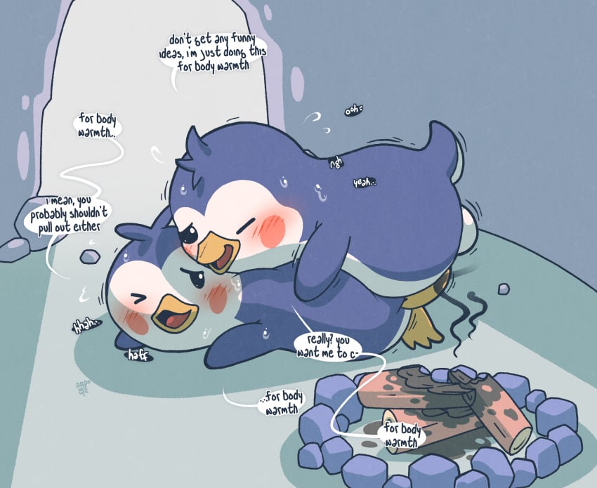 anal anthro argon_vile avian beak bird blue_body blue_feathers blush bodily_fluids bread_&_fred_(series) bread_(bread_&_fred) campfire dialogue duo english_text feathers fred_(bread_&_fred) from_behind_position hi_res igloo looking_pleasured lying male male/male male_penetrated male_penetrating male_penetrating_male on_front one_eye_closed penetration penguin prone_bone_position sex shaking shivering smoke speech_bubble sweat text wink wood