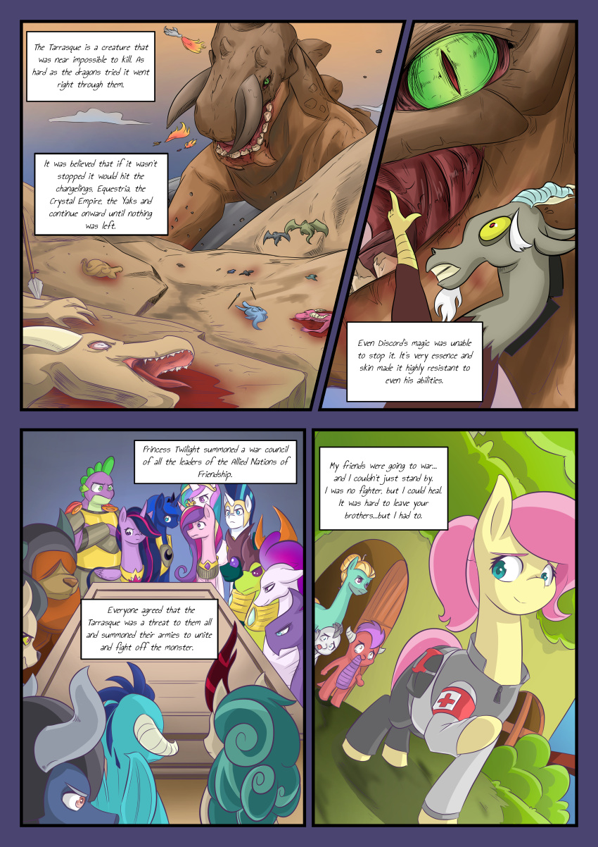 absurd_res alicorn ambiguous_gender armor asian_mythology blood blue_hair bodily_fluids bovid bovine brother_(lore) brother_and_sister_(lore) brown_body chimera chinese_mythology comic corpse discord_(mlp) draconequus east_asian_mythology english_text equid equine female feral fluttershy_(mlp) friendship_is_magic green_sclera group hair hasbro headgear helmet hi_res horn kirin larger_feral male mammal mustachedbain my_little_pony mythology pink_body pink_hair princess_cadance_(mlp) princess_celestia_(mlp) princess_ember_(mlp) princess_luna_(mlp) public_domain pupils quadruped shining_armor_(mlp) sibling_(lore) sister_(lore) sisters_(lore) size_difference slit_pupils spike_(mlp) tarrasque text wings yak yellow_body zephyr_breeze_(mlp)