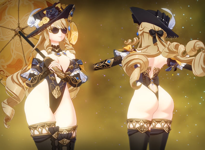 1girls 3d ass_bigger_than_breasts blonde_hair bottom_heavy child_bearing_hips female female_focus female_only genshin_impact hazeker hoyoverse huge_breasts mod navia_(genshin_impact) one_piece_suit partially_clothed smile smiling sunglasses thick_thighs thighhighs thunder_thighs tinted_eyewear umbrella wide_hips