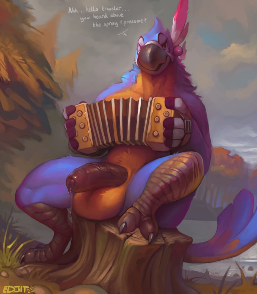 accordion ambient_among_us ambient_crewmate_(among_us) anthro avian avian_feet balls beak big_balls big_penis bird black_penis blue_body blue_feathers bodily_fluids breath_of_the_wild claws dialogue edjit feathers foreskin genital_fluids genitals half-erect hi_res huge_balls huge_cock humanoid_genitalia humanoid_penis kass_(tloz) male male_only musical_instrument nintendo outside penis precum precum_string rito sitting_on_stump solo spread_legs spreading tail tail_feathers the_legend_of_zelda tree_stump yellow_body yellow_feathers