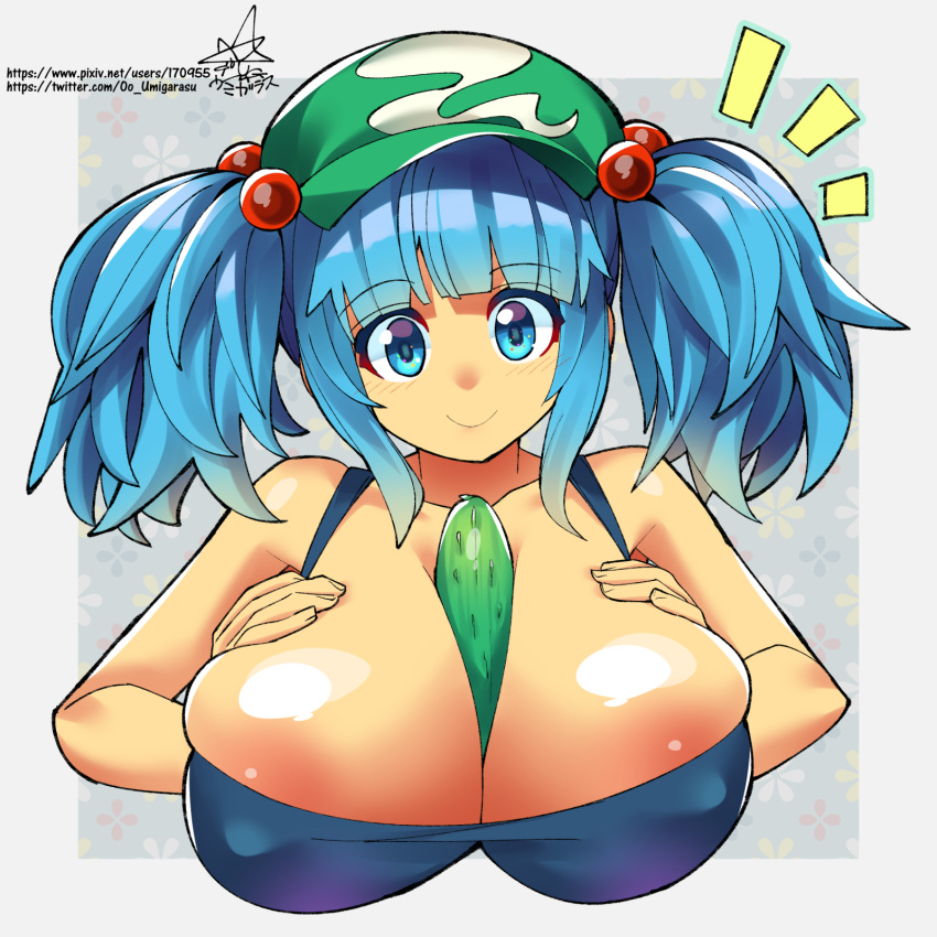 1girls 2022 alternate_version_available areolae beads between_breasts big_breasts blue_eyes blue_hair blush breasts cleavage cucumber female female_only grey_background hat huge_breasts light-skinned_female light_skin nipple_bulge nitori_kawashiro oo_umigarasu ponytail sexually_suggestive simple_background simulated_paizuri solo solo_female tank_top touhou twintails umigarasu_(kitsune1963)