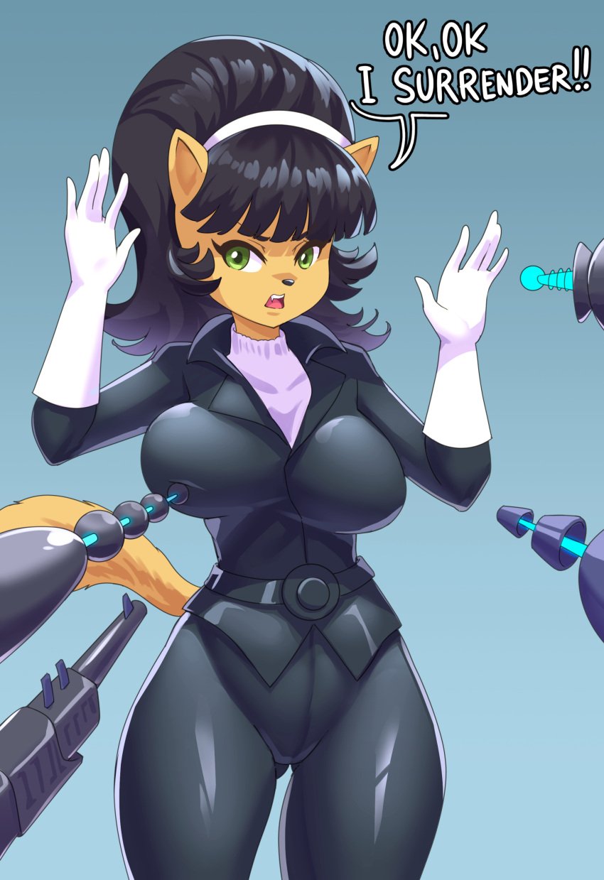 big_breasts black_hair brown_fur captured captured_heroine cat_ears cjhomics clothing forced gloves green_eyes headband kitty_katswell nickelodeon poking_breasts ranged_weapon t.u.f.f._puppy tail