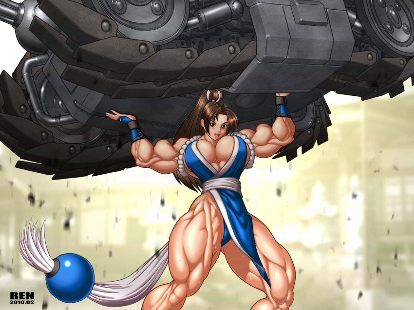 biceps breasts company_connection crossover extreme_muscles fatal_fury female female_only flex highres huge_breasts human king_of_fighters large_breasts lifting mai_shiranui masami metal_slug military military_vehicle muscle muscular_female ren_(tainca2000) rentb solo tank vehicle