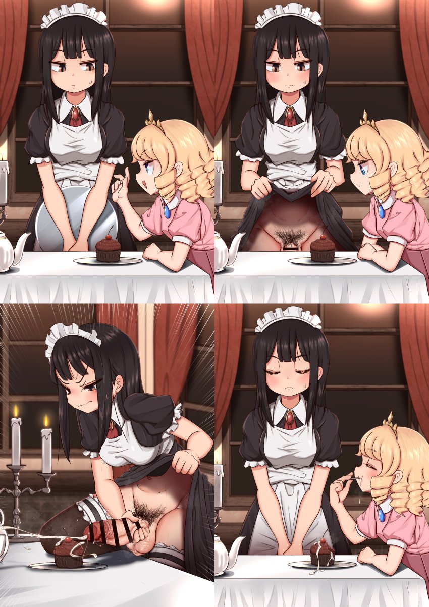 1futa 1girls angry apron balls bangs black_dress black_hair black_thighhighs blue_eyes blush breasts brown_eyes candle candlestand closed_mouth clothed clothes_lift clothing cum cum_on_food cupcake dress dress_lift duo eating_cum ejaculation erection female female_pubic_hair food fully_clothed futanari futanari_masturbation highres horny human indoors large_penis lemon_snail lifted_by_self light-skinned_futanari light_skin long_hair maid maid_headdress masturbation mostly_clothed navel no_text orgasm original penis plate princess projectile_cum pubic_hair short_sleeves solo standing table testicles thighhighs uncut white_apron window yellow_hair