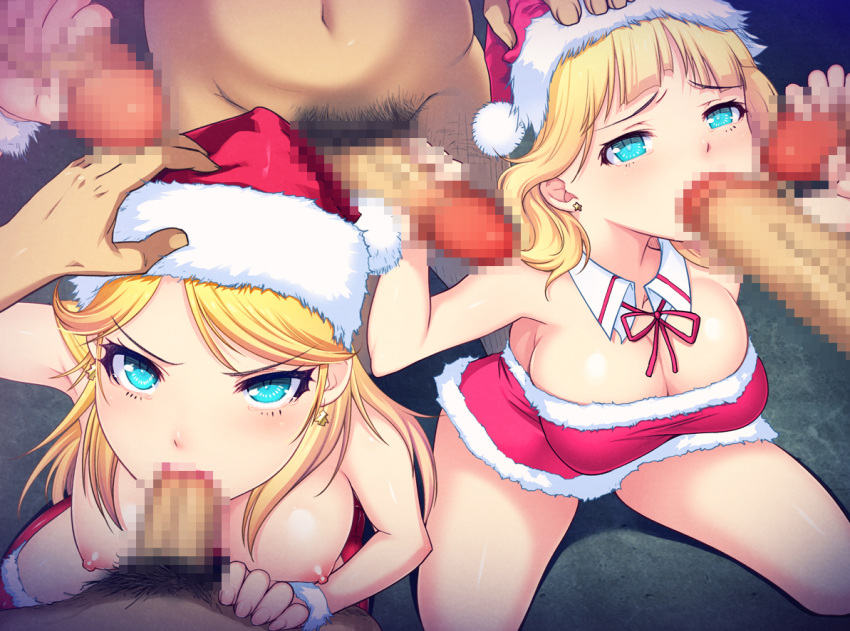 2girls 5boys bare_shoulders blonde_hair blue_eyes breasts censored christmas cleavage detached_collar earrings fellatio fur_trim gangbang group_sex hand_on_head handjob hat jewelry looking_at_viewer mahito_(artist) male_pubic_hair mosaic_censoring multiple_boys multiple_girls multiple_penises nipples oral original penis pubic_hair santa_costume santa_hat