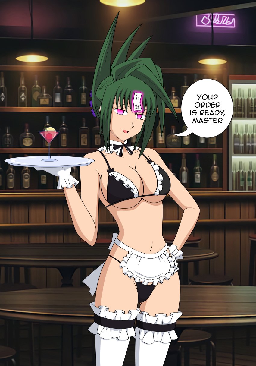 absurdres altered_perception bow breasts cleavage female_only femsub gloves glowing glowing_eyes green_hair happy_trance hard_translated hypnosis jimryu looking_at_viewer maid mind_control open_mouth pink_eyes shaman_king solo talisman tao_jun text thighhighs thong translated tray waitress