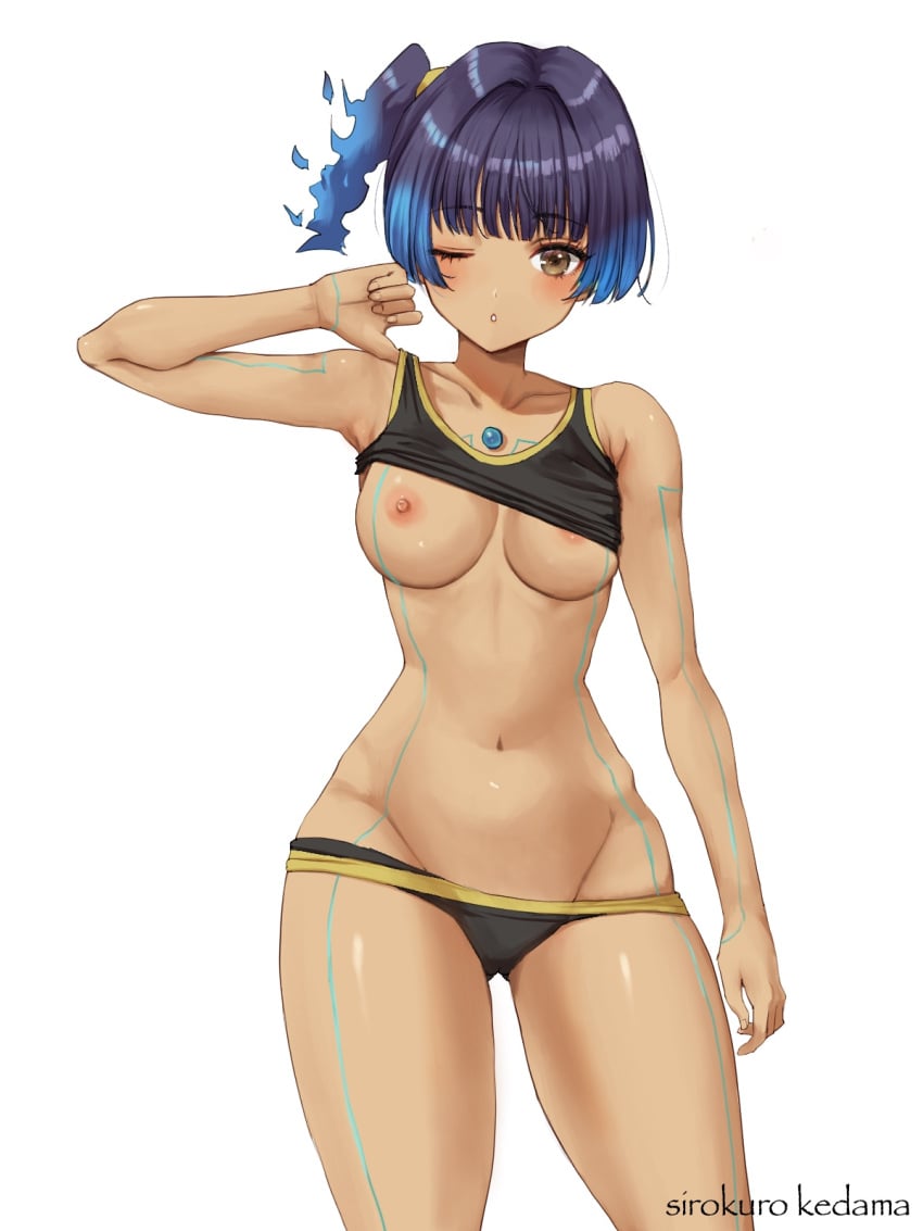 1girls barely_clothed blue_hair body_lines bra_lift brown_eyes cameltoe core_crystal fit_female flaming_hair flashing_breasts sena_(xenoblade) side_ponytail sirokuro_kedama sports_bra sportswear standing tagme wink xenoblade_(series) xenoblade_chronicles_3