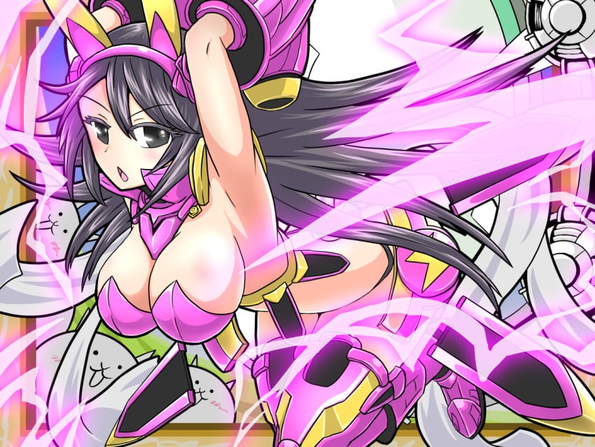 1girls anime armpits big_breasts black_hair breasts covered_nipples electricity female female_only galaxy_gal nyanko_daisensou open_mouth spiky_hair the_battle_cats thick_thighs thighs thundia