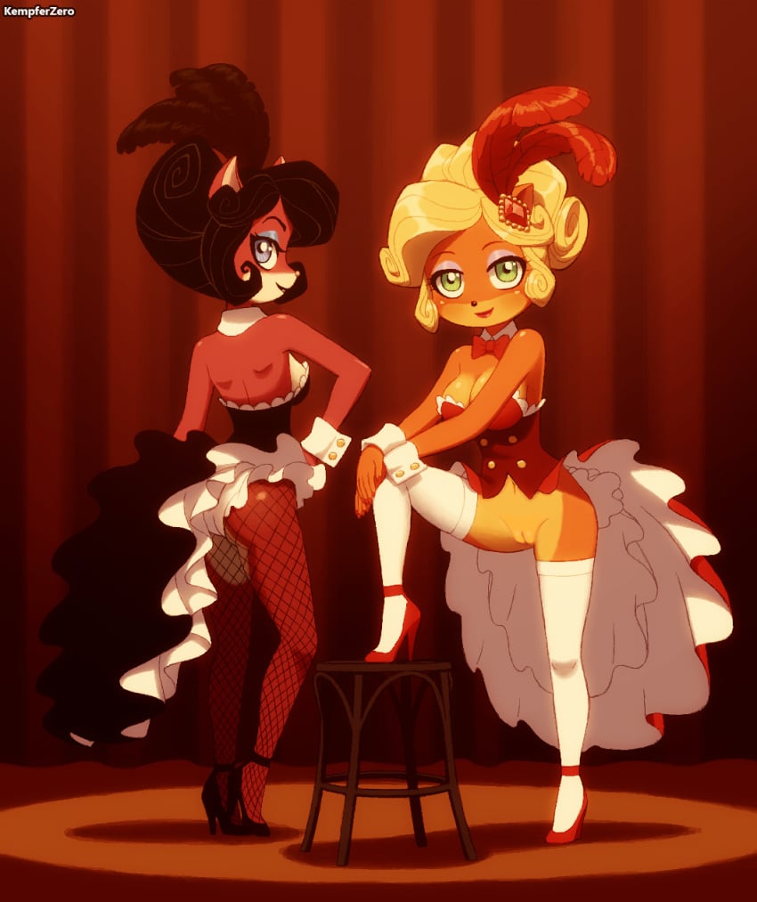 2019 5_fingers activision anthro bandicoot big_breasts black_hair blonde_hair blue_eyes breasts clothed clothing coco_bandicoot crash_(series) digital_media_(artwork) duo evil_coco evil_counterpart female fingers fishnet_pantyhose footwear fur genitals green_eyes hair hi_res high_heels kempferzero legwear long_hair looking_at_viewer mammal marsupial pussy saloon_girl shoes smile thigh_highs third-party_edit universal_studios