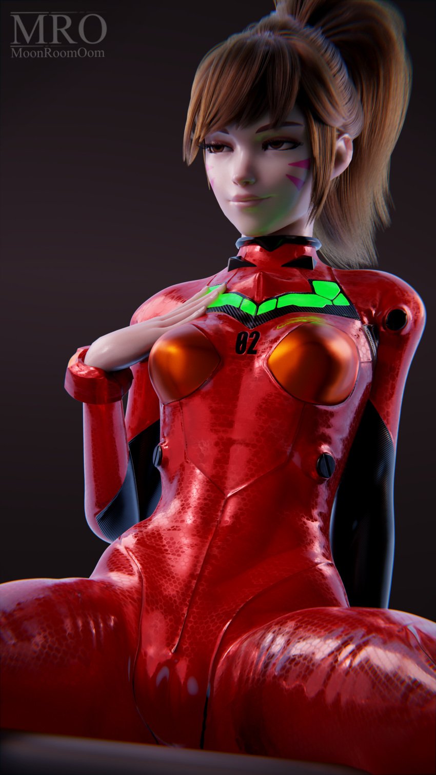 1girls 3d asuka_langley_sohryu_(cosplay) blizzard_entertainment cameltoe cosplay d.va female latex latex_suit moonroomoom neon_genesis_evangelion neopn_genesis_evangelion overwatch overwatch_2 plugsuit ponytail solo tight_clothing