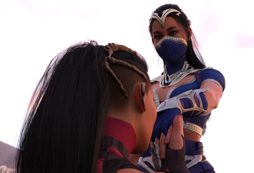 2girls 3d black_hair clone edenian female female_only fully_clothed holding_hands kissing_hand kitana kitana_(new_era) kiteena mileena mileena_(new_era) mortal_kombat mortal_kombat_1_(2023) on_one_knee princess proposal rayalterego23 royalty sisters smile yuri