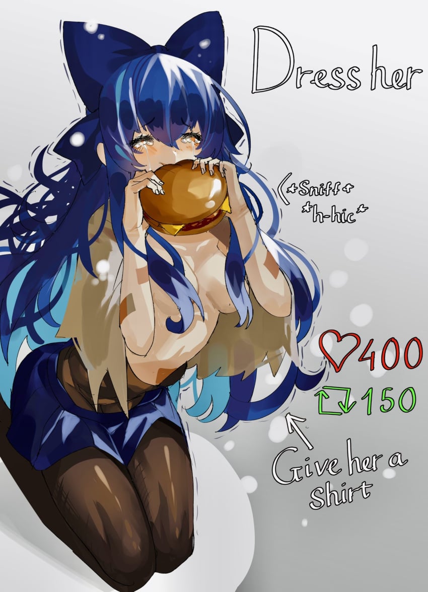 arrow_(symbol) blue_bow blue_hair blue_skirt blush bow breasts burger commentary convenient_censoring crying eating english_commentary english_text female food foot_out_of_frame gradient_background grey_background hair_censor hair_over_breasts hairbow happy_tears highres holding holding_food like_and_retweet long_hair medium_breasts meme navel oversized_clothes panties pantyhose seiza shion_yorigami sitting skirt solo tears tomatolover16 topless touhou twitter_strip_game_(meme) underwear yorigami_shion