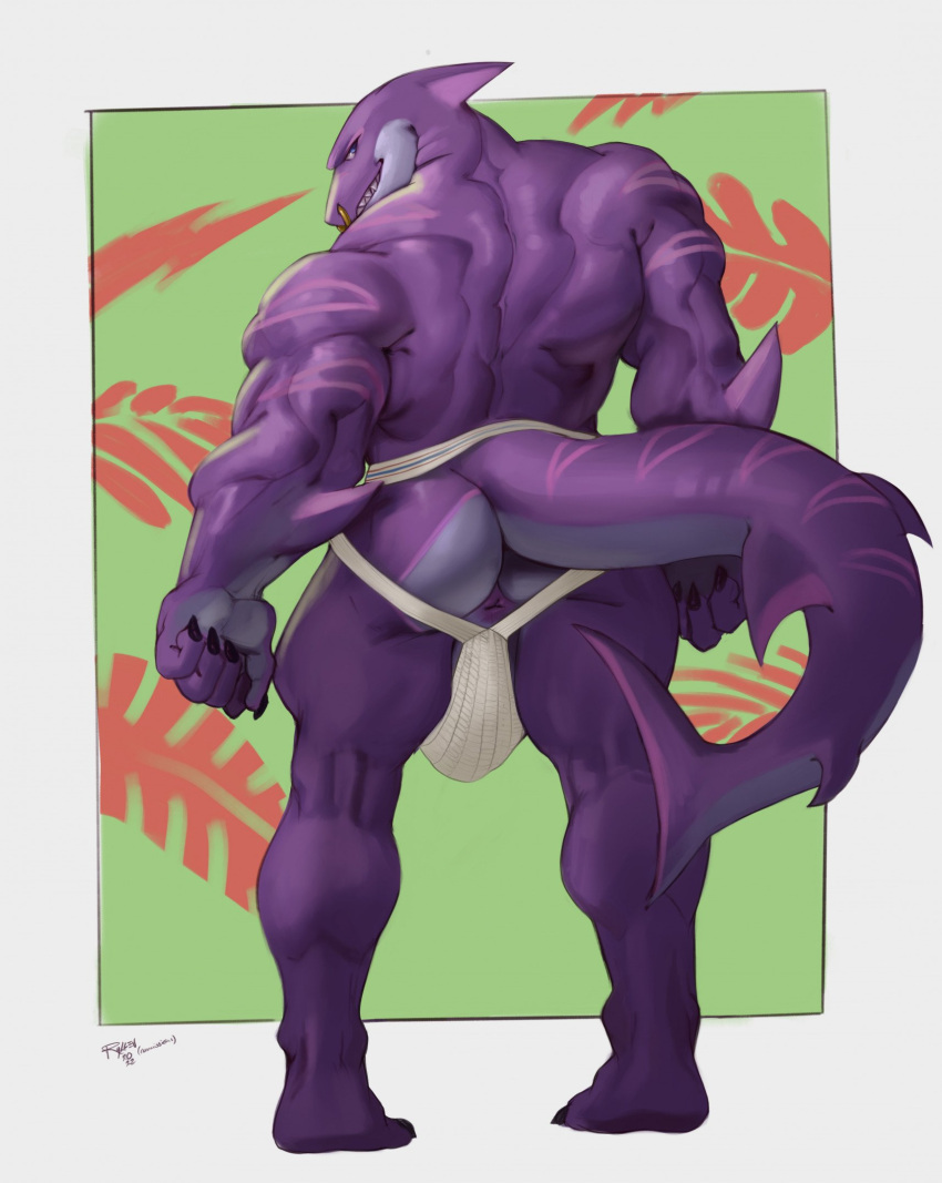 2024 anthro anus ass biped bulge claws digital_drawing_(artwork) digital_media_(artwork) facial_piercing fin finger_claws fish hi_res looking_back male marine muscular muscular_anthro muscular_male nizzpe_ro0 nizzperoo nose_piercing nose_ring piercing presenting presenting_anus purple_body rear_view ring_piercing rykkev shark simple_background solo tail