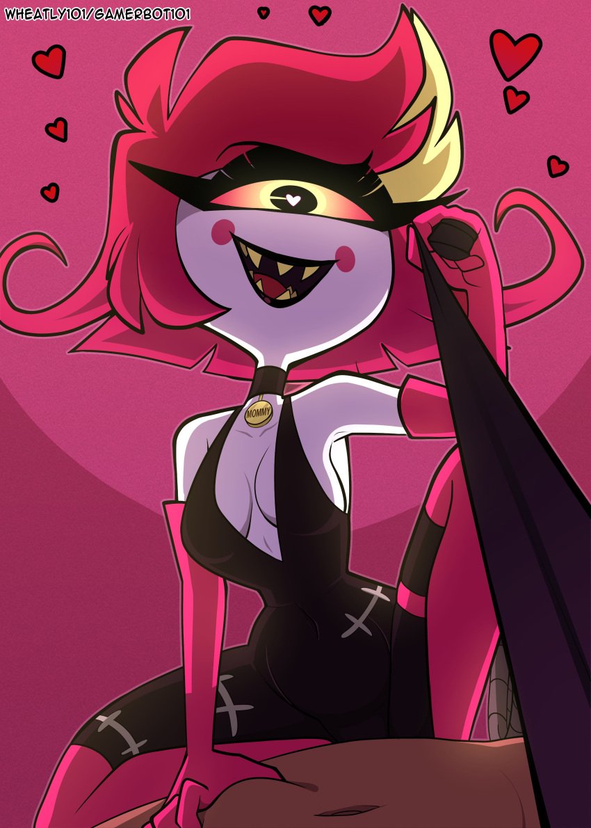 1boy 1girls bdsm demon demon_girl dominatrix_outfit female female_focus femdom hazbin_hotel heart heart-shaped_pupils human imminent_sex leashed_pov looking_at_viewer male_pov mommy niffty one_eye pov wheatly101