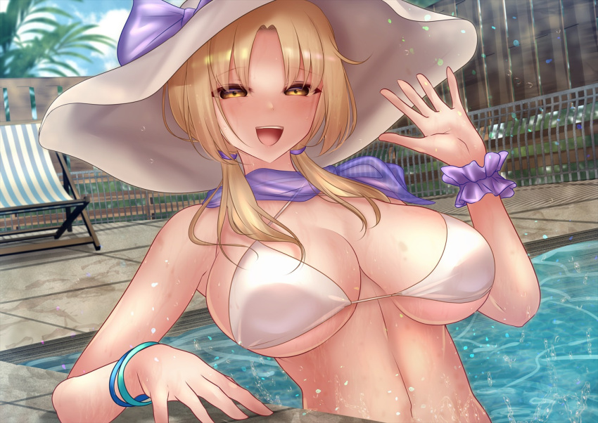 bikini blonde_hair breasts chair cleavage coconut_tree female fence hat large_breasts louise_(touhou) lounge_chair palm_tree pool shounen_(hogehoge) solo swimsuit touhou touhou_(pc-98) tree white_bikini white_headwear yellow_eyes