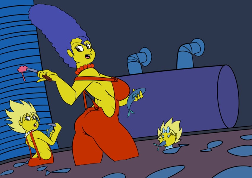 blue_hair dyriuck_kaos jumpsuit lisa_simpson maggie_simpson marge_simpson milf mother mother_and_daughter overalls overalls_only the_simpsons yellow_body