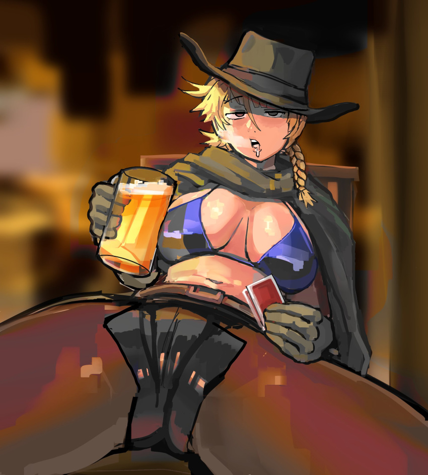 beer blonde_hair card cowboy_hat cowgirl dehgwo drool drooling mug spread_legs tagme