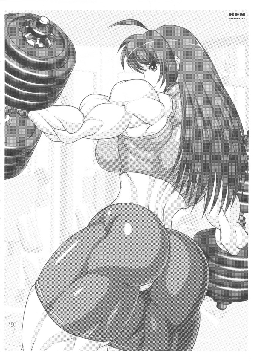 ahoge ass biceps breasts extreme_muscles highres huge_breasts impossible_clothes impossible_clothing looking_back monochrome muscle muscular_female ren_(tainca2000) rentb tight_clothes weightlifting weights workout