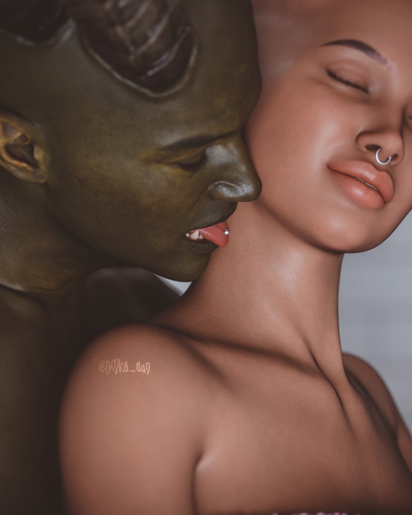 1boy 1boy1girl 1female 1girls 1male 3d 3d_(artwork) 3d_model close-up female foreplay green_body heterosexual incubus incubus_horns intimate licking_neck light-skinned_female light_skin male monster original original_characters original_female_character passionate sensual straight succubus succubus_horns tomka_sun tongue_piercing towel_only towel_wrap