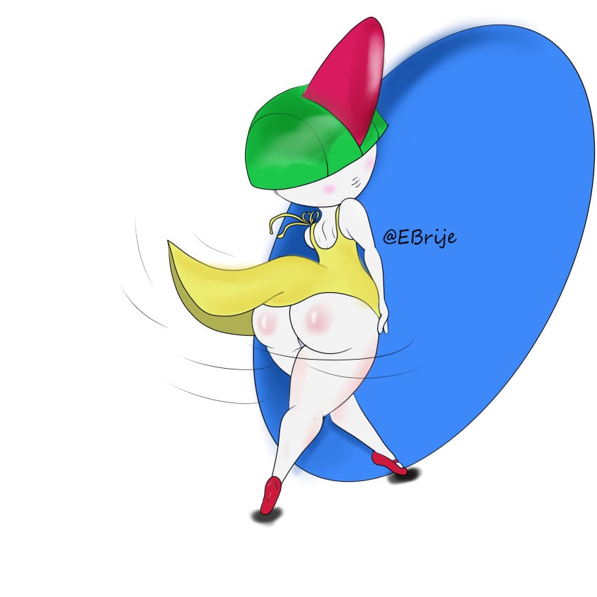 absurd_res anthro ass big_butt blush clothed clothing clothing_lift digital_media_(artwork) dress dress_lift eddiebrije female generation_3_pokemon genitals hi_res huge_butt humanoid nintendo not_furry pokemon pokemon_(species) ralts simple_background solo thick_thighs walking white_body wide_hips wind