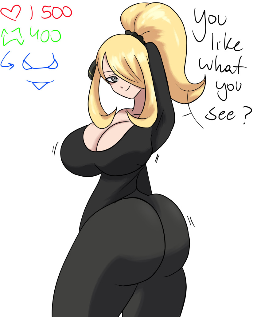 1girls ass big_ass big_breasts blonde_hair breasts cleavage clothed clothed_female cynthia_(pokemon) female female_only full_comfort full_comfort_(strip_game) full_comfort_cynthia_(strip_game) long_hair part_2 pokemon smile solo solo_female strip_game twitter_strip_game_(meme)