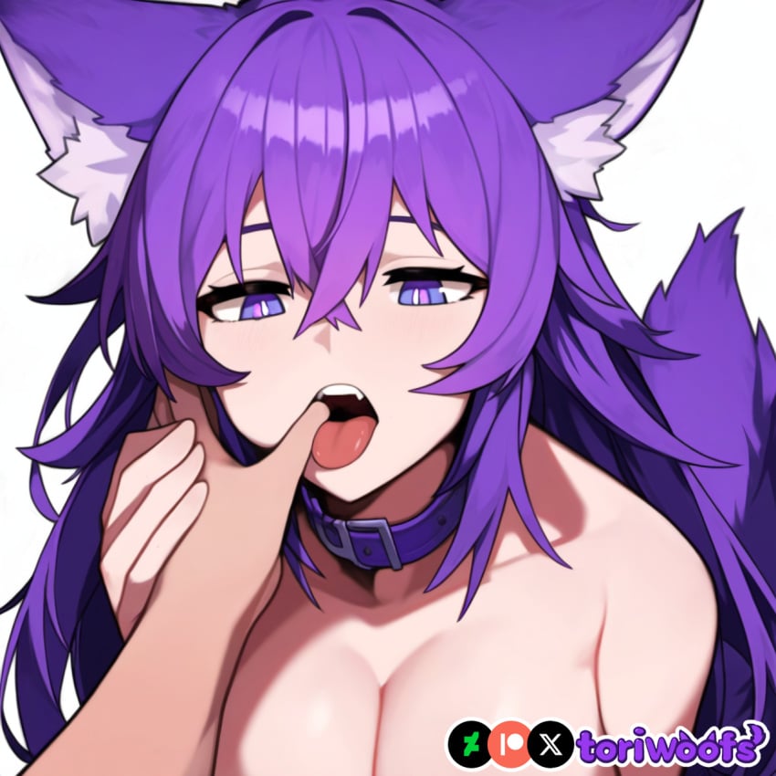 1girls ai_generated animal_ears breasts breasts_out collar curvy cute dog_ears dog_girl doggirl female female_only finger_in_mouth highres hips huge_breasts kemonomimi light_skin light_skinned_female long_hair mouth_hold naked nsfw nude open_mouth patreon_username petgirl petite petplay purple_ears purple_eyes purple_hair purple_tail teeth thick_thighs thighs tongue tongue_out topless tori toriwoofs upper_body watermark wide_hips wolf_ears