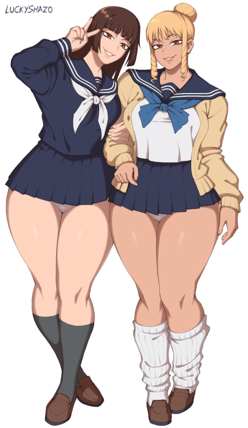 2girls black_socks blonde_female blonde_hair blue_ribbon brown_eyes brown_hair brown_loafers female_focus forelocks fully_clothed gyaru hairbun high_socks holding_arm jujutsu_kaisen knee_socks kneehighs kneesocks lash legwear loafers locks long_sleeves looking_at_viewer loose_socks luckyshazo mimiko_hasaba multiple_girls nanako_hasaba no_penetration only_female panties pantyshot peace_sign perfect_legs school_uniform schoolgirl shoes short_skirt sisters smiling_at_viewer socks socks_and_shoes standing tan_body tan_skin thick thick_ass thick_hips thick_legs thick_thighs v_sign white_ribbon white_socks