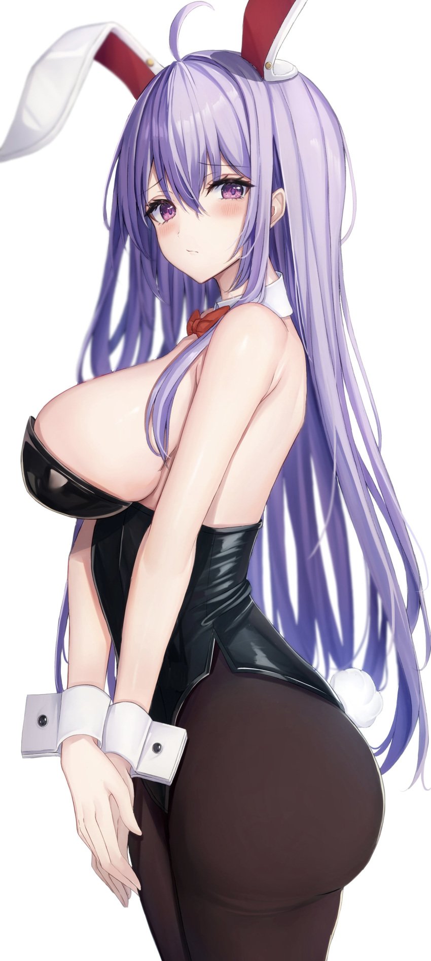 7saki absurdres alternate_costume animal_ears black_leotard black_pantyhose breasts closed_mouth female hair_between_eyes highres large_breasts leotard long_hair looking_at_viewer pantyhose playboy_bunny purple_eyes purple_hair rabbit_ears reisen_udongein_inaba simple_background touhou white_background white_wrist_cuffs wrist_cuffs